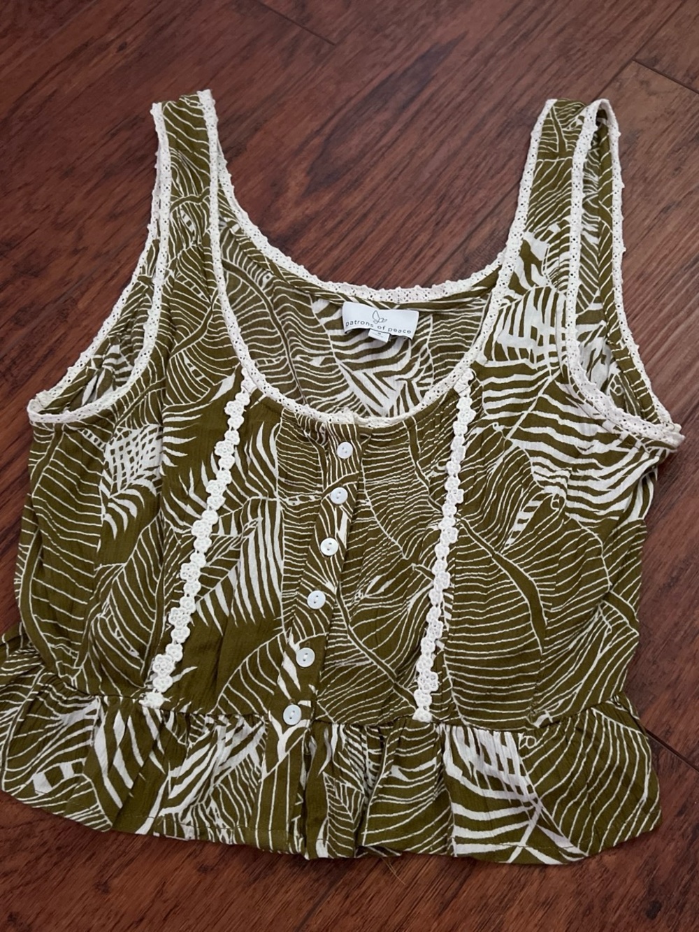 Patrons of Peace Olive & White Leaf-Print Lace Trim Tank